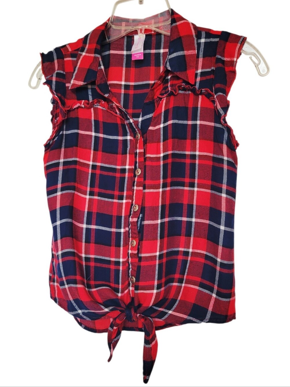 No Boundaries Red & Navy Plaid Tie-Front Sleeveless Shirt